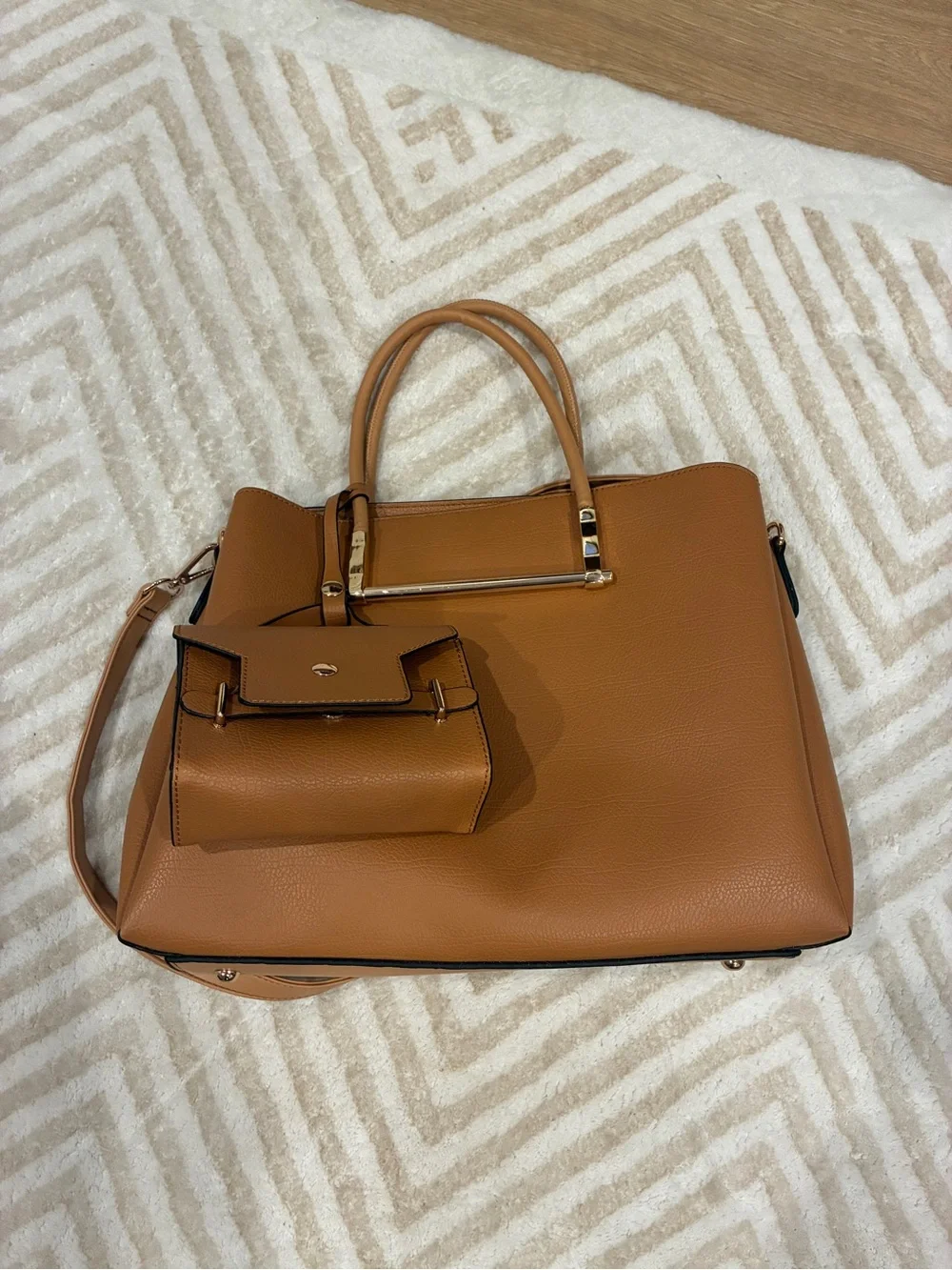 Structured Tan Satchel with Detachable Pouch and Gold-Tone Accents